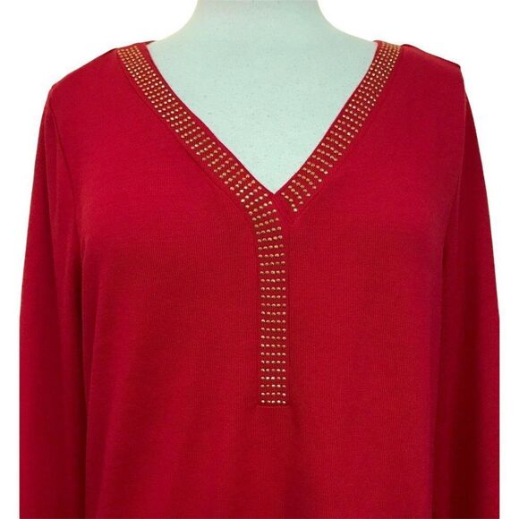 By Design True Red Knit Top V-Neck Pullover Sz XL Cross Over Rhinestone Band - Picture 2 of 7